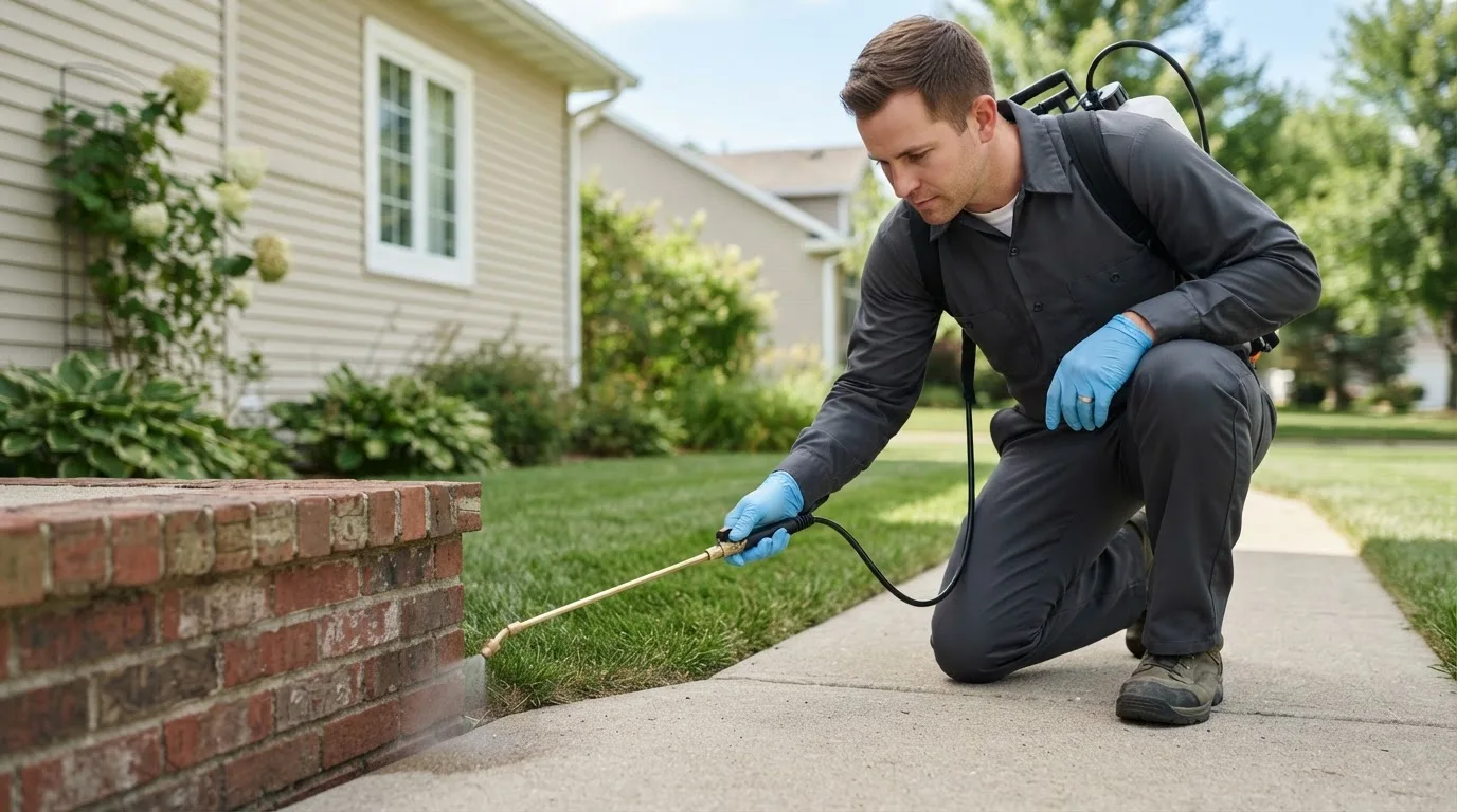 Pest control technician treating a home near Saluda, VA